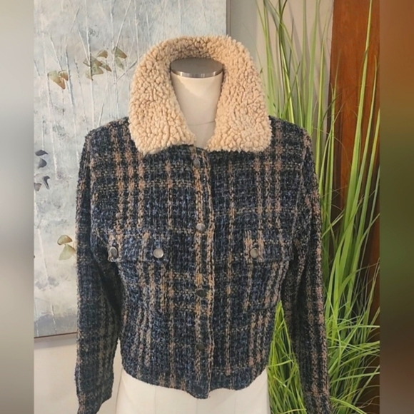 Sweet Rain Contemporary Plaid Tweed Sherpa Collared Jacket Women's Size L - Picture 4 of 14